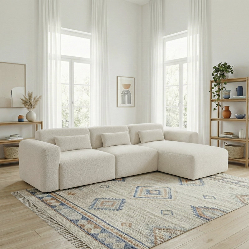 Lima Plush Boucle Sectional Sofa With Wide Armrests & Extra Pillows
