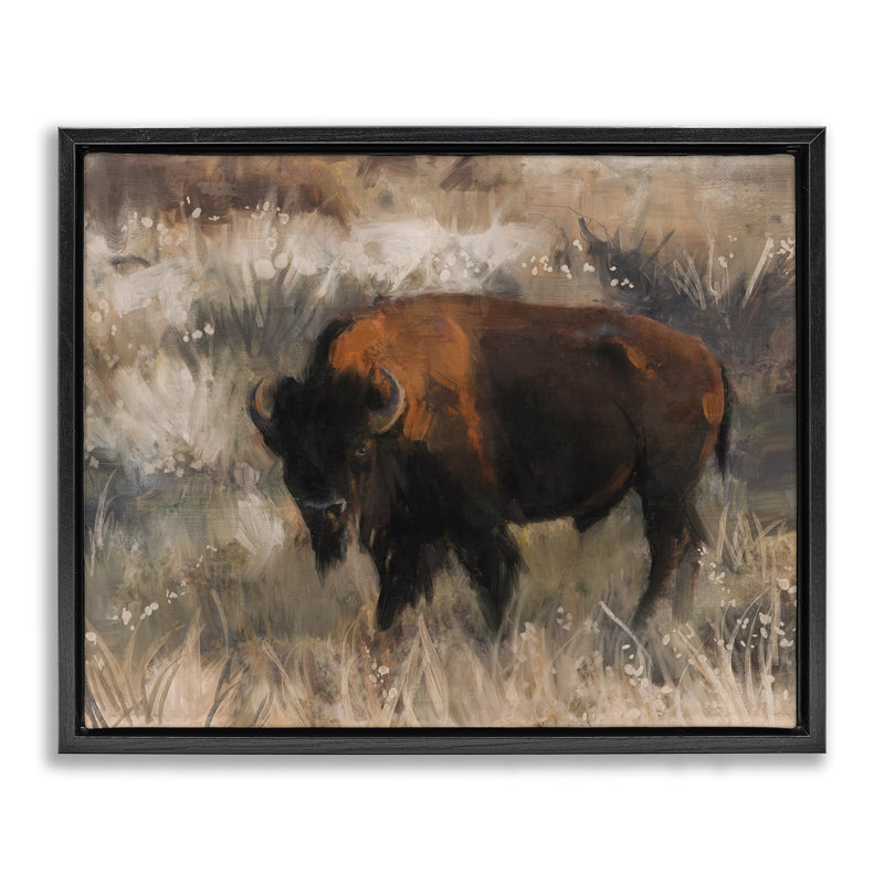 Art mural sur toile flottant traditionnel "Bison Range" par Nina Blue, Cadre flottant noir de jais, H 17 po x l 21 po