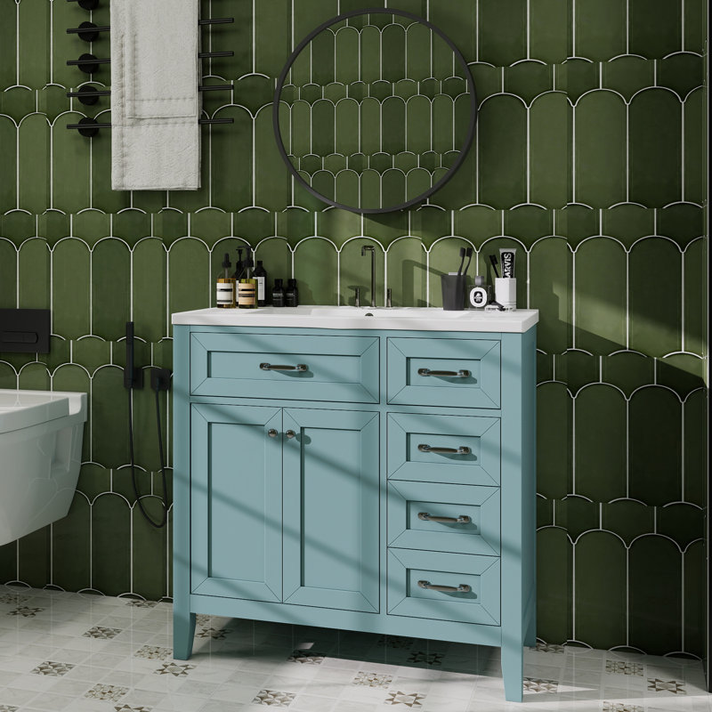 Meuble-lavabo 36 po avec lavabo, armoire de salle de bain avec tiroirs, structure solide et panneau de fibres à densité moyenne