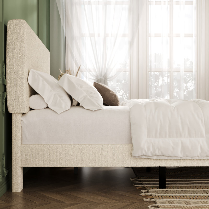Structure de lit tapissier moderne avec tête de lit ajustable, tissu bouclé texturé, Crème, Grand lit