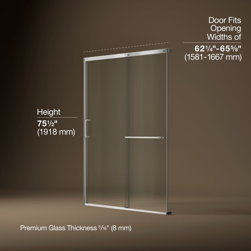 Elate Tall Sliding Shower Door, 75-1/2-In H X 62-1/4 - 65-5/8-In W, With Heavy 5/16-In Thick Crystal Clear Glass, Silver