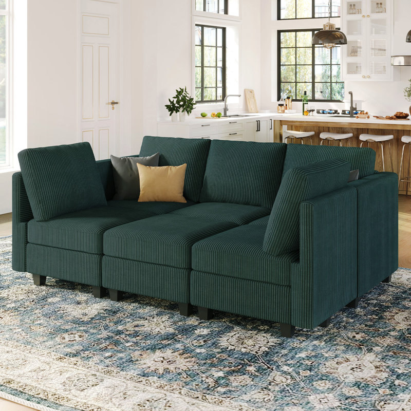 Ozeal 83.4'' Wide Corduroy Modular Storage Sectional Sleeper Sofa, Green Corduroy