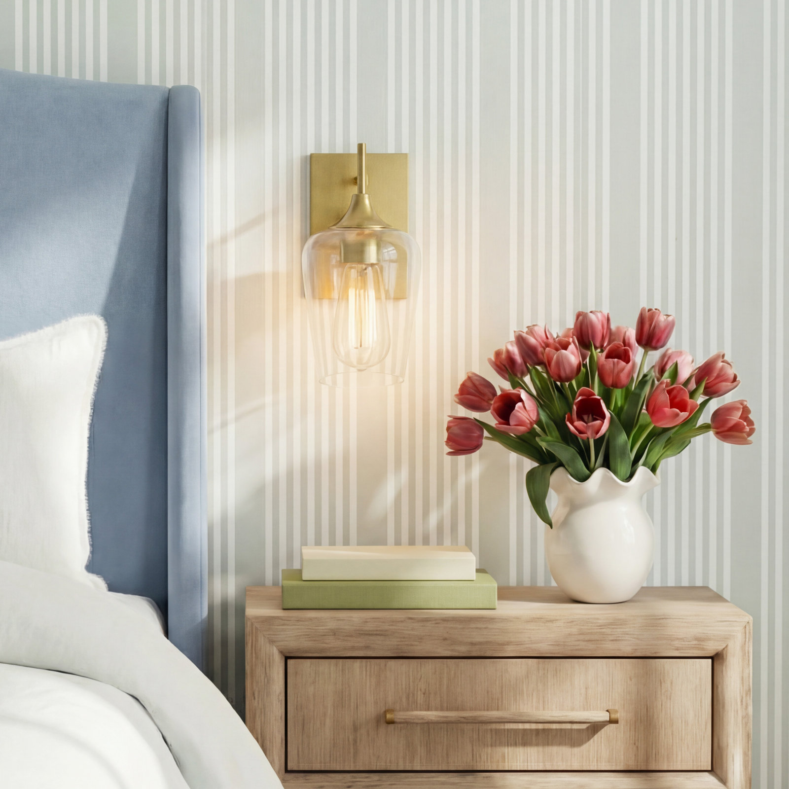 Breena Single Light Dimmable Armed Sconce, Warm Brass, Clear
