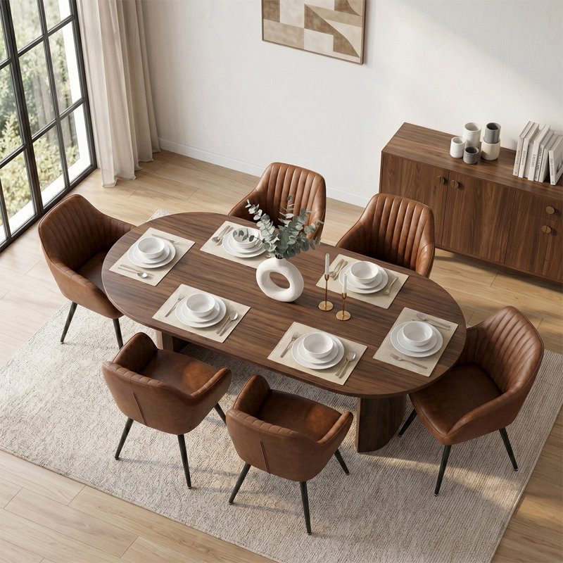 Ensemble de table de salle à manger 7 pièces pour 6 personnes avec fauteuils en similicuir, Brown