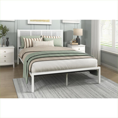 Metal Frame Queen Size Platform Bed, Casual Coastal Style White Finish Faux Cane Panel Headboard Bedroom Furniture