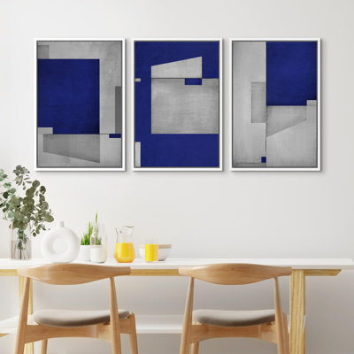 Bleu foncé, gris, géométrique, bloc, abstrait, Mid-Century, formes modernes, illustrations, décor chic