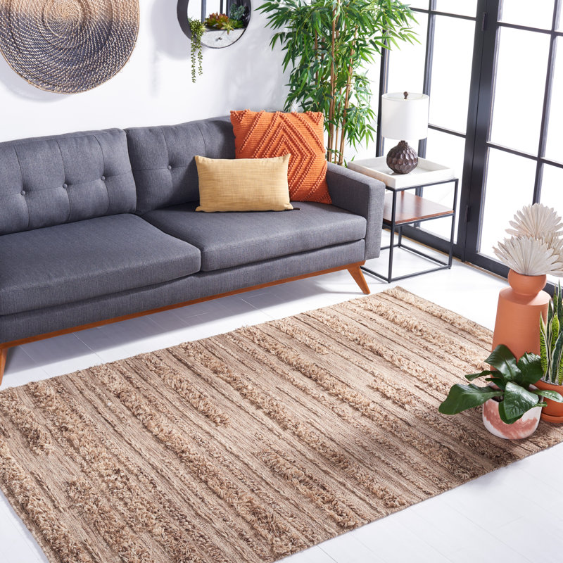 Handwoven Brown Beige Wool Cotton Rectangular Area Rug