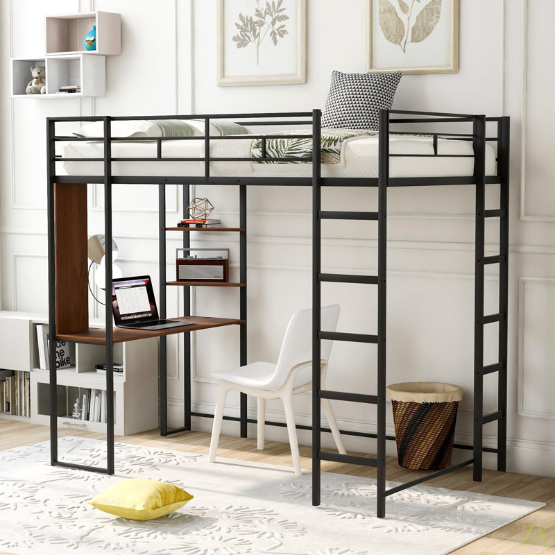 Lit mezzanine simple en métal avec 2 tablettes et un bureau, Noir