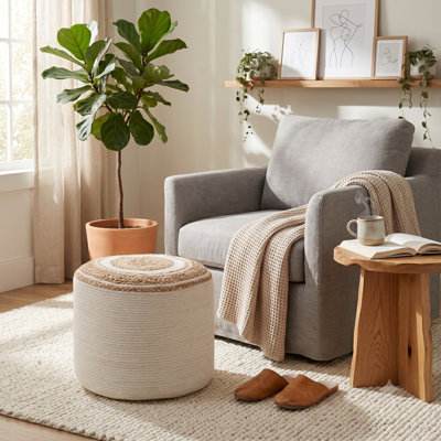Pouf rond en coton et en jute avec motif à chevrons Rosie