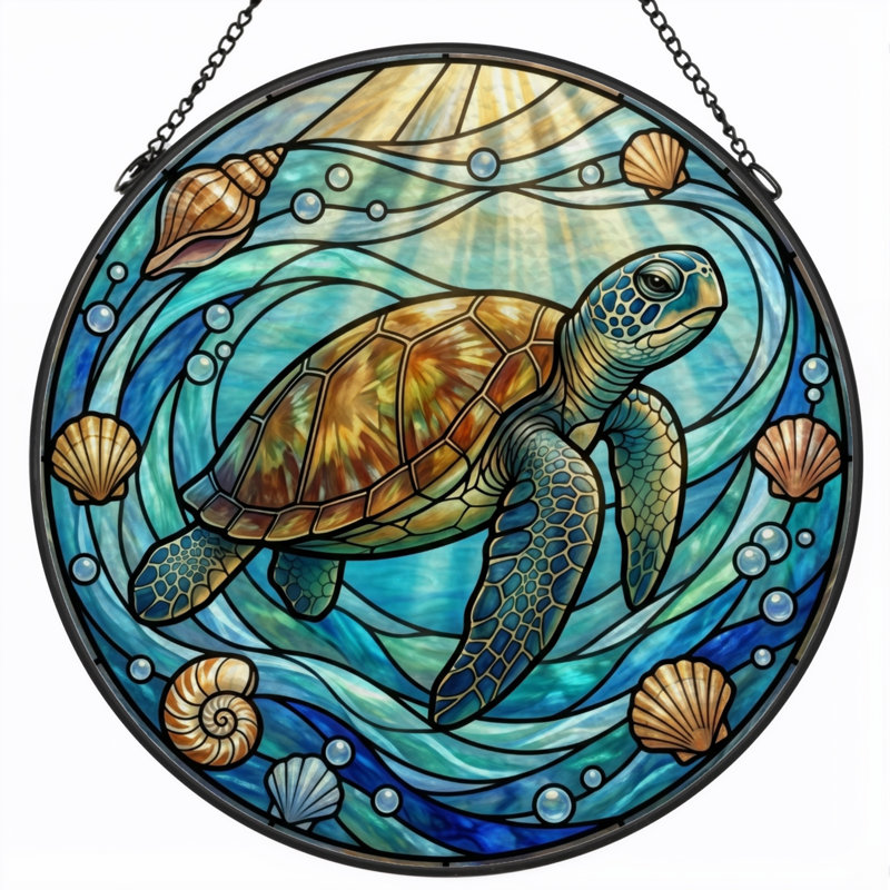 Panneau de vitrail de tortue de mer ， 7,8H, H 7,8 po