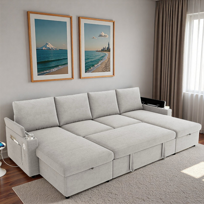 Convertible U-shaped Sectional Sofa With Storage Chaise Lounges, Cup Holders, Usb Ports, Storage Boxes And Pockets