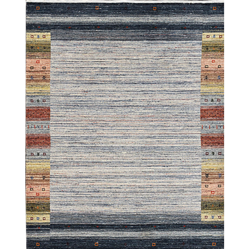 8x10 Gray Hand-Knotted Wool Framed Horizon Lines Modernist Contemporary Carpet Rug