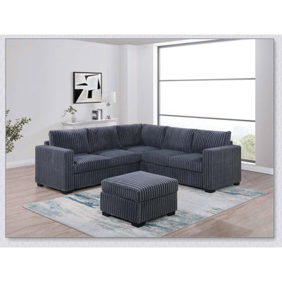 Magnifique ensemble de canapé d'angle 4 pièces avec pouf, causeuse gris foncé avec accoudoir, élément de coin et canapé moelleux en velours côtelé.