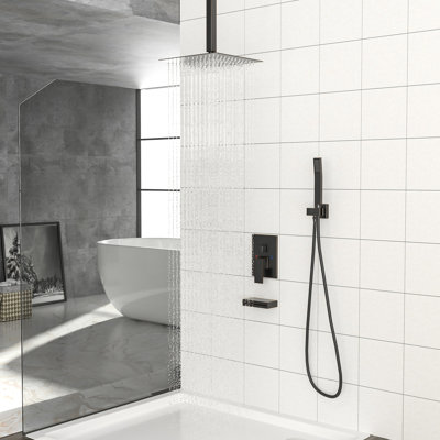 Ceiling Mount Shower With Waterfall Spout And Rain - 12" Square Rainfall Head, Handheld, Oil Rubber Bronze, Valve, Brass Material Mounted Assembly Feature Bronze Finish, Balance Valve
