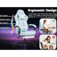 Fauteuil de jeu en cuir bleu avec soutien complet du corps, capacité de 150 kg et revêtement en cuir de 229 x 343 cm, courbure ergonomique, massage lombaire et mobilité à 360°