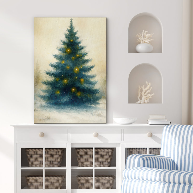 Arbre de Noël avec lumières dorées, impression sur toile encadrée, H 48 po x l 32 po x P 1,5 po, Toile tendue