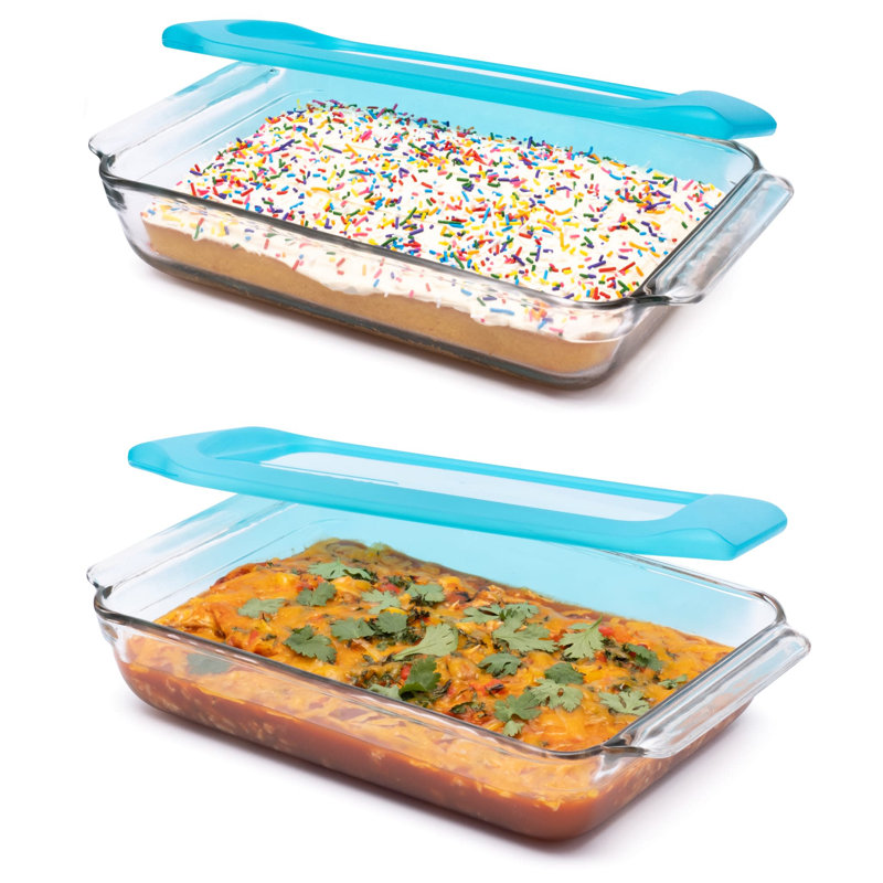 Ensemble de 2 assiettes de cuisson en verre de qualité supérieure avec couvercle, plats de cuisson empilables avec poignées GreatGrip et couvercles en plastique Libbey Bakers Premium 9 x 13