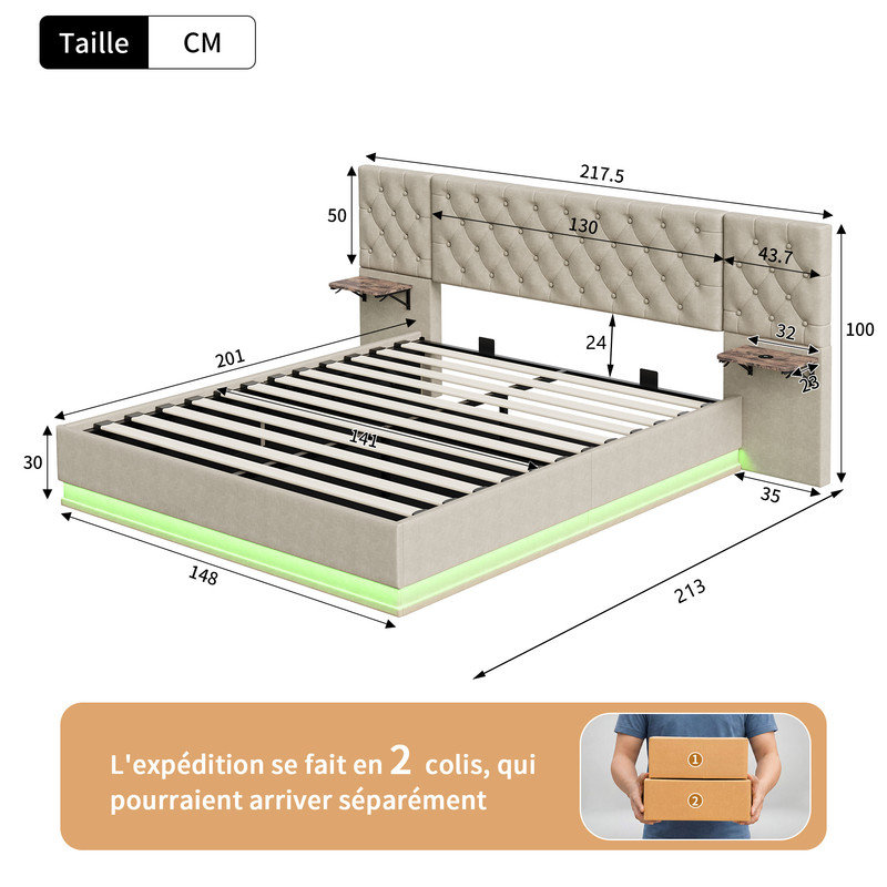 Upholstered Bed Frame, European Double (140 x 200 cm), Beige