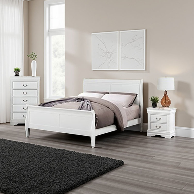 Ensemble de chambre à coucher pleine grandeur 3 pièces Ry, style transitionnel moderne et élégant, Blanc
