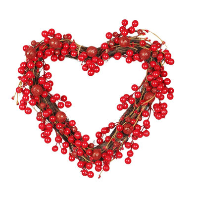 Romantic 13.7 Inch Valentine's Day Wreath with Artificial Red Berries, Heart Shaped Grapevine Garland for Wedding Anniversary Decoration