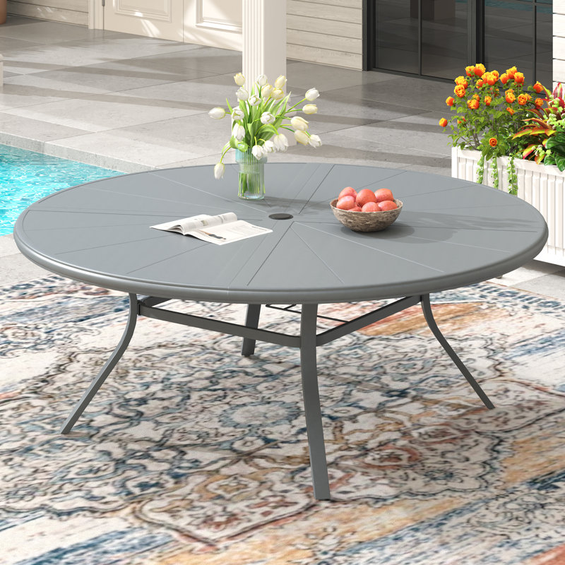 4-Person Aluminum Round Patio Dining Table, Walnut, 28" H x 53.1" L x 53.1" W
