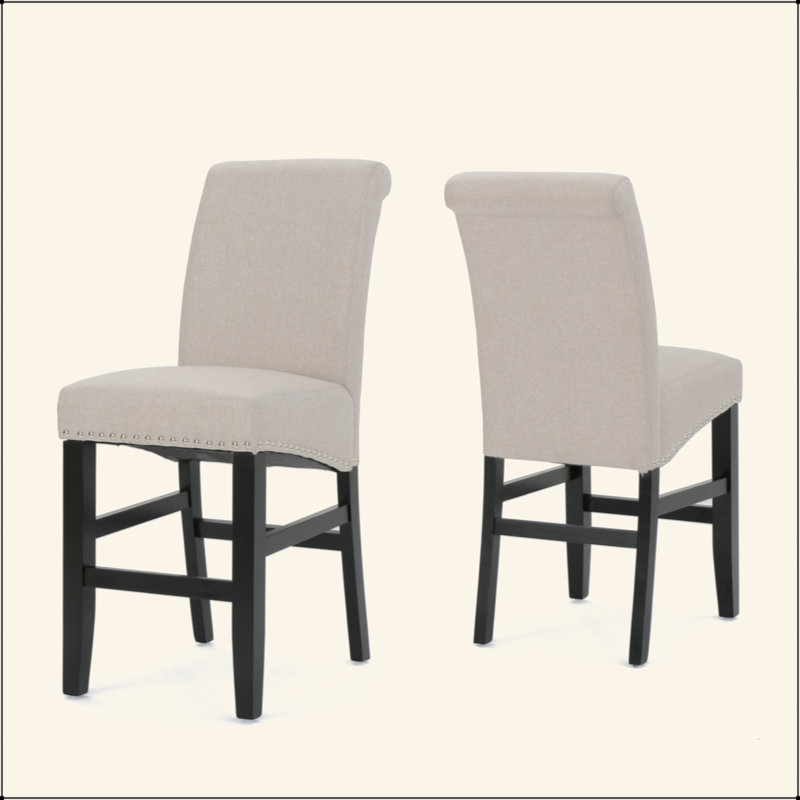 Tabouret de comptoir rembourré 25 po avec garniture cloutée de 25 po (ensemble de 2), blé / noir mat, tissu