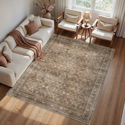 Amber Machine Washable Vintage Flora Area Rug with Non-Slip Backing