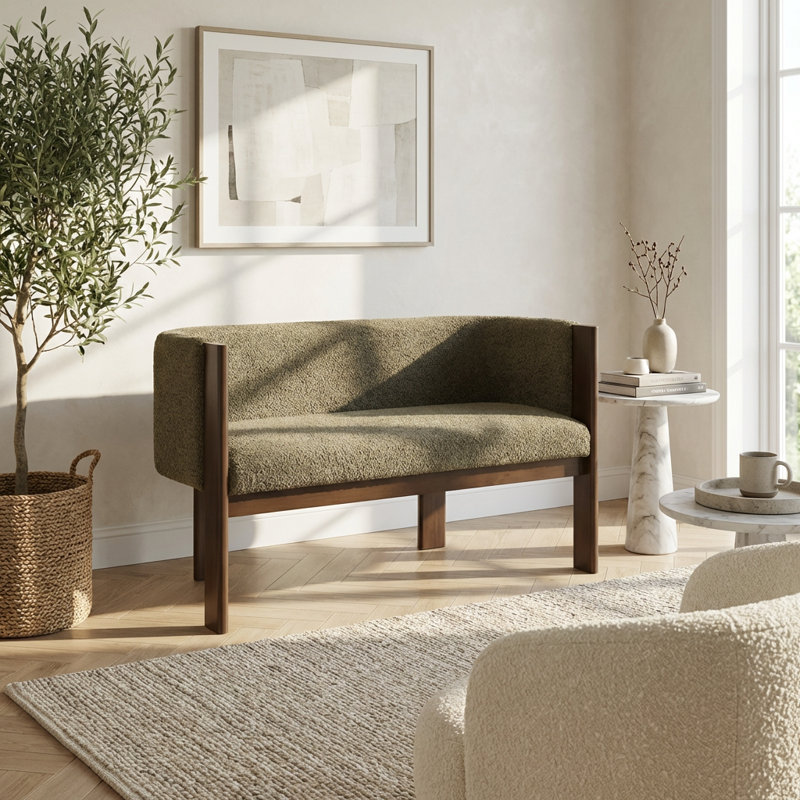 Causeuse compacte à deux places avec structure en bois massif et tissu en polyester, Noyer, Vert