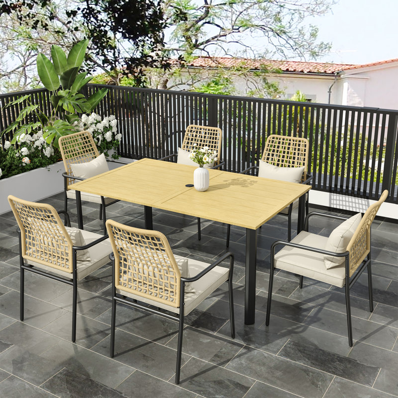 Ensemble repas extérieur pour 6 personnes avec coussins, Brun