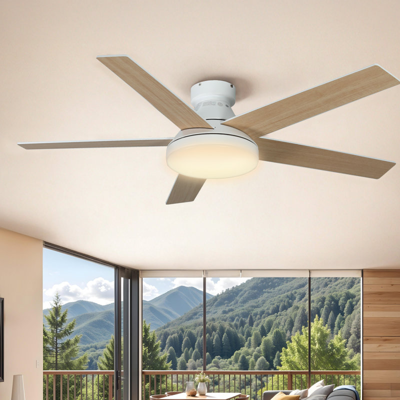 Balconera 52" 5 Blades Ceiling Fan With Light & Remote, 3 LED Color, 6 Speed Quiet DC Motor, White, Natural Wood