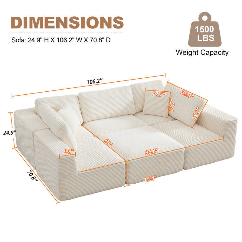 Brigitte Corduroy Upholstered Sectional 6-Piece Modular Sofa Set, Creamy White