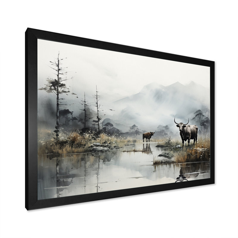 «Asian Art Cow Sumi» - reproduction d'art, H 12 po x l 20 po x P 1 po, Cadre photo noir