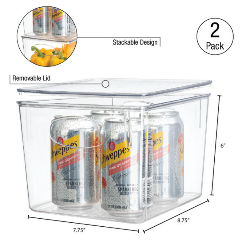 Sorbus 2 Pack Medium Clear Kitchen and Fridge Storage Bins with Handles and Lids