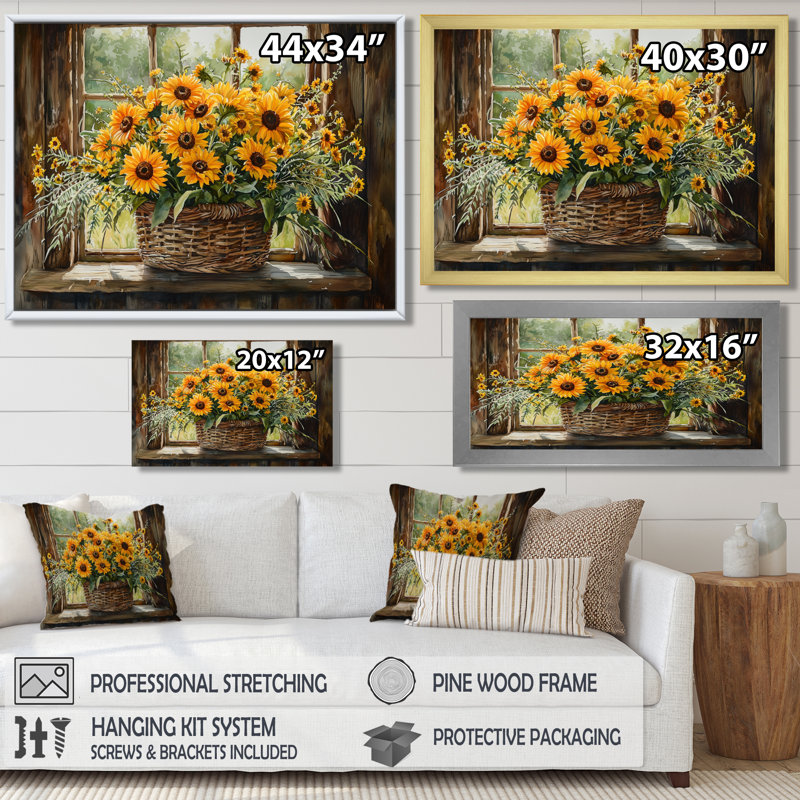 Bouquet de brise d'été à la ferme - tournesols, art mural, H 34 po x l 44 po, Cadre flottant, Noir