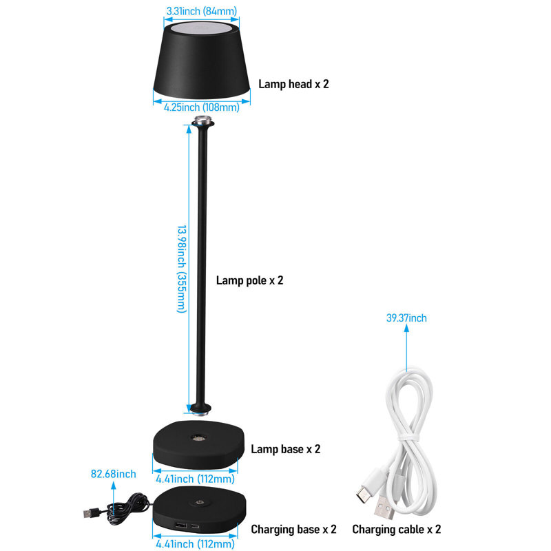 LED Rechargeable Table Lamps with Charging Dock, IP54, Touch Control, Dimmable, 2700K Soft White, Black