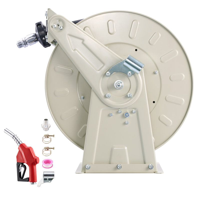 Fuel Hose Reel, 1 inch x 33 ft Retractable, 300 PSI, Spring Driven Auto Swivel Rewind, Heavy-Duty Carbon Steel Construction with Industrial Grade Rubber Hose, Kerosene, Designed for Diesel Fuel