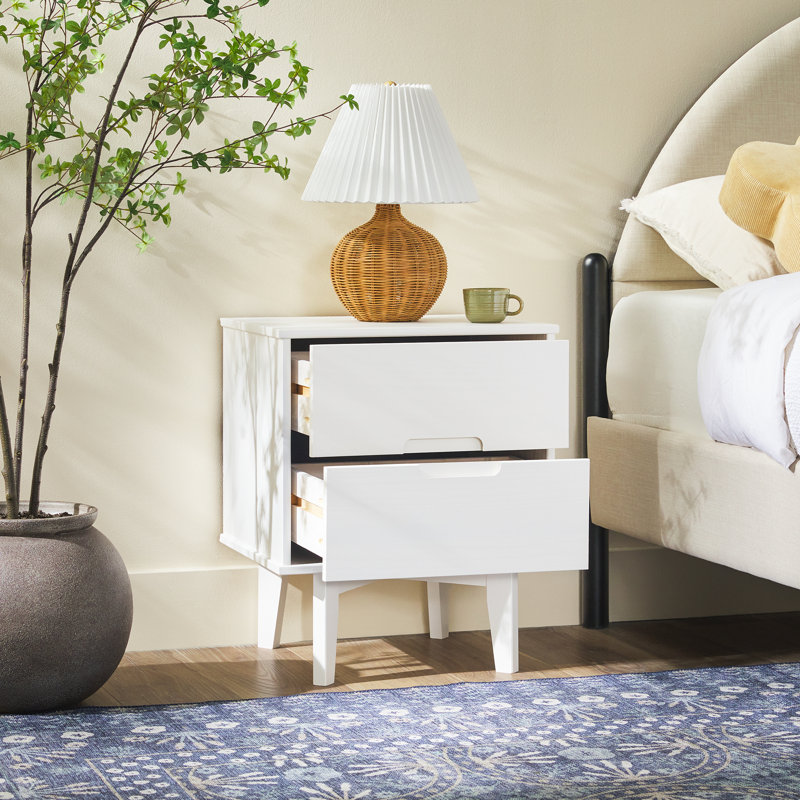 Solid Wood Groove Handle 2-Drawer Nightstand, White