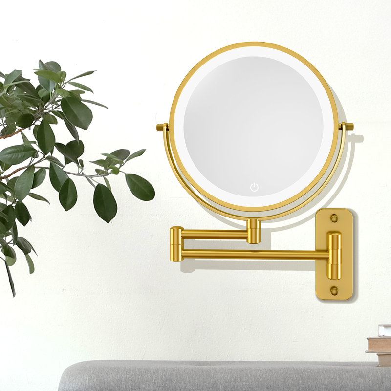 Metal Wall Mounted 8" Led Makeup Mirror With Magnification, 3 Color Led Lights Makeup Mirror, 10x, Gold