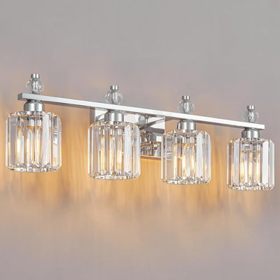Luminaire de salle de bain moderne en cristal chromé à 4 lumières pour installation au-dessus d'un miroir