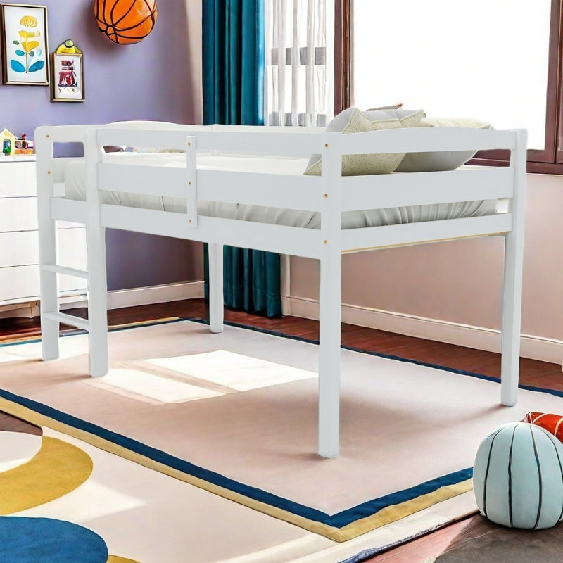 Twin Wood Loft Bed Low Loft Beds With Ladder,Twin, White