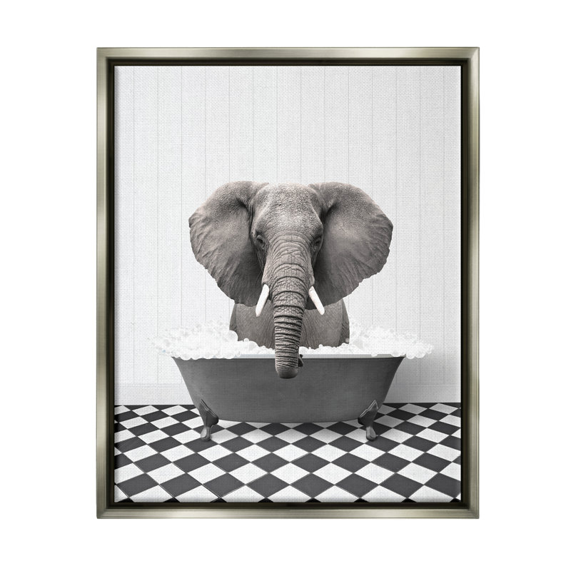 «Elephant Bathing In Tub», art mural encadré sur toile flottante par lettré et doublé, Cadre flottant gris lustré