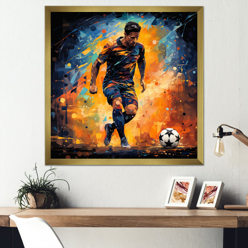 Joueur de soccer vert et jaune II - soccer, art mural, Cadre flottant doré, H 16 po x l 16 po x P 1 po