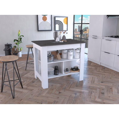 Îlot de cuisine, quatre pieds, trois tablettes - blanc / onyx