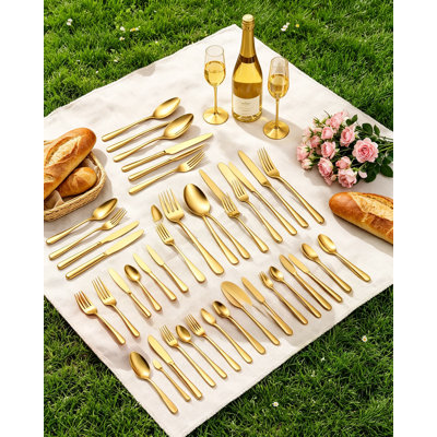 45 Piece Gold Silverware Set with Serving Utensils, Stainless Steel Flatware Set for 8, Food Grade Cutlery Set Includes Knife Fork Spoon, Mirror Polished Dishwasher Safe
