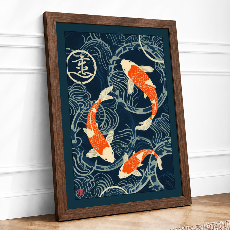 Koi Among Waves Japandi - Framed Print, A2 - 59.4 x 42.0 cm, Walnut