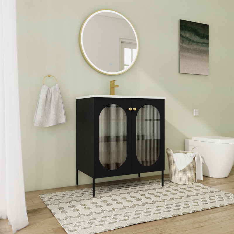 Meuble-lavabo simple 30,07 po avec plateau en céramique Katlynne, Noir