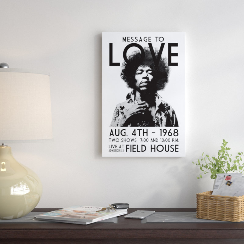 «Message To Love» par Radio Days - publicité imprimée, H 24 po x l 16 po x P 1 po, Papier d'art encadré noir, Blanc