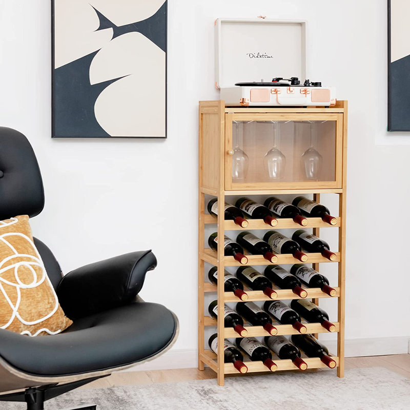 Adontae 20 Bottle Floor Wine Bottle & Glass Rack in Brown