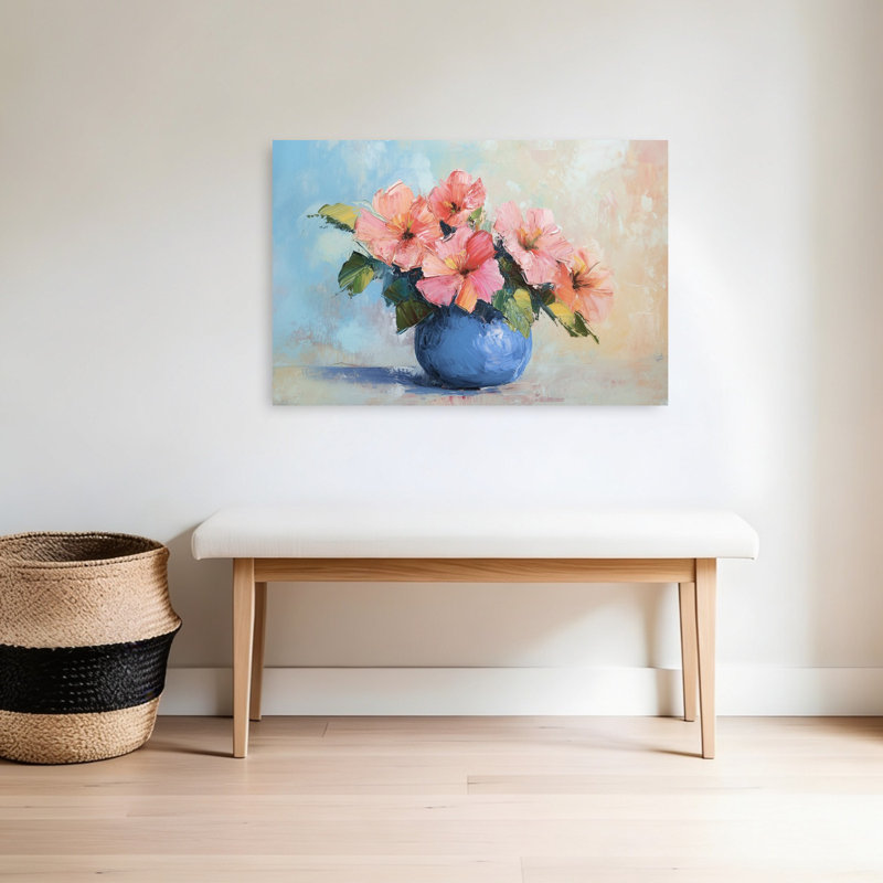 Hibiscus, fleurs, vase bleu, contemporain, nature paisible, printemps, art mural, H 24 po x l 36 po