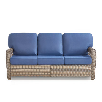 75.2" Outdoor Gray Wicker Patio Sofa With T Shape-Back Cushions And 5" Thick Foam, For Porch Or Backyard, Blue